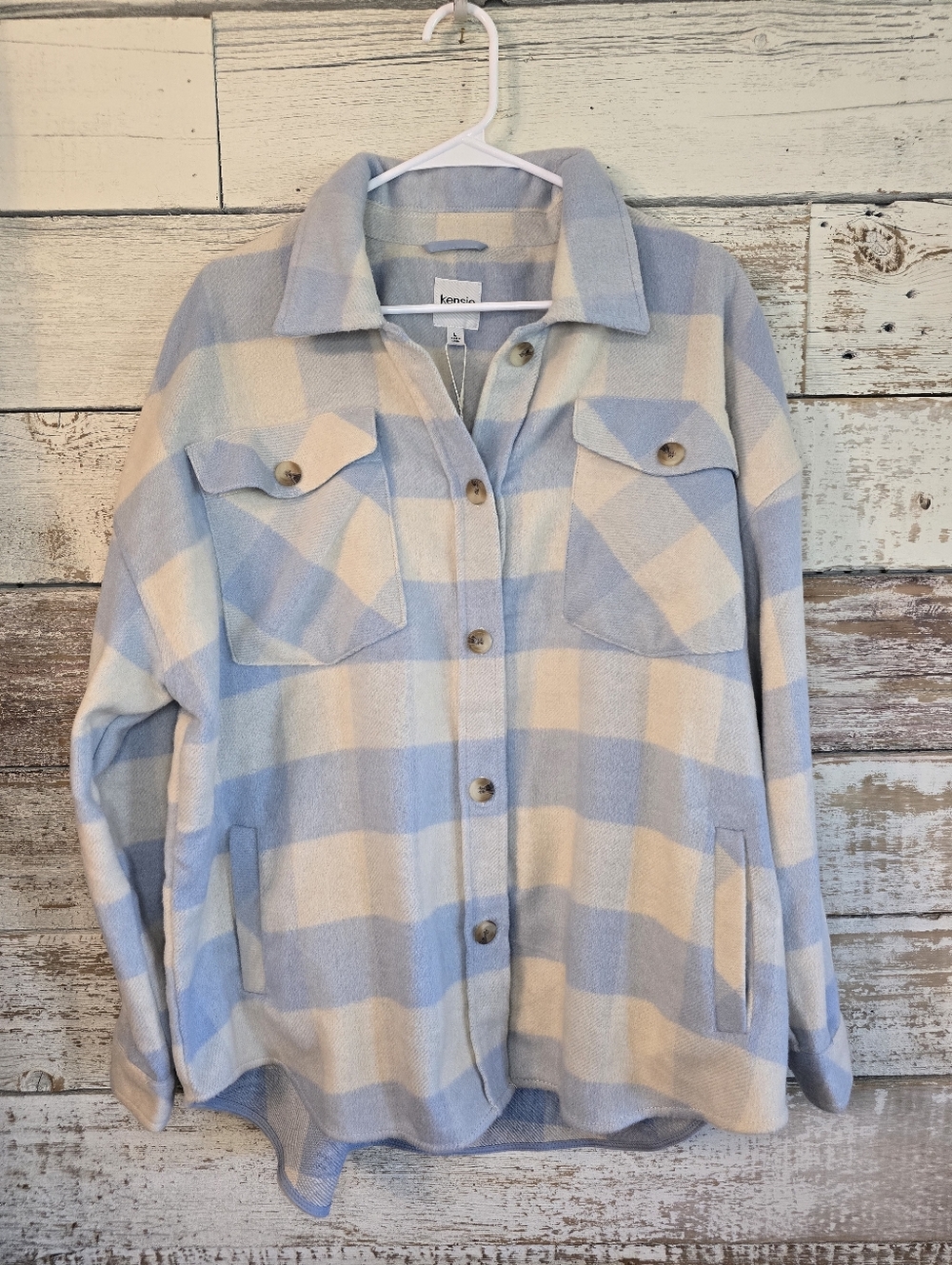 Kensie blue and white plaid shirt jacket (shacket). Sz L